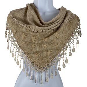 Elegant Boho Beige Triangle Scarf w/ Lace & Teardrop Tassel Fringe Detail